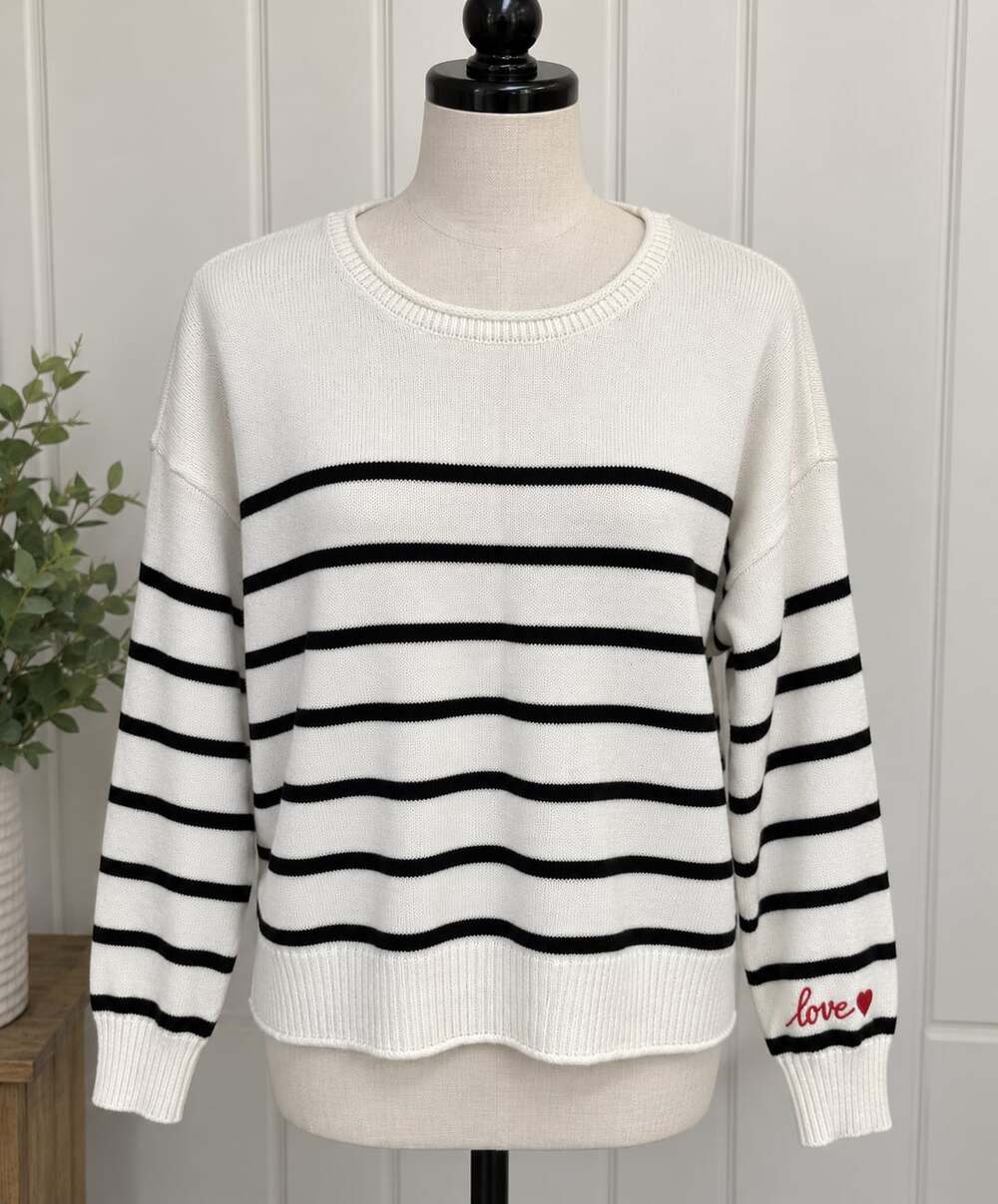 Cupcakes And Cashmere White Black Striped Sweater Love Embroidery On Sleeve 2X
